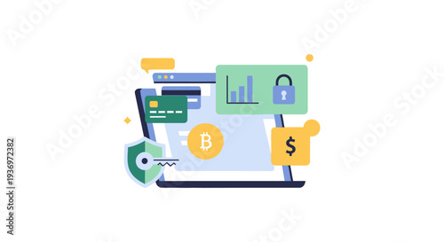 Secure Online Finance and Cryptocurrency Trading Concept. Digital Wallet, Investment Analysis, and E-commerce Security Illustration.