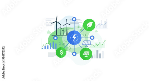 Renewable Energy Business Ecosystem Illustration. Green Power Strategy, Wind Turbine, Solar Panel, and Financial Investment Management Flowchart.