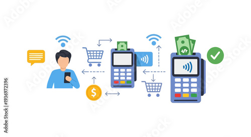 Digital Payment Transaction Flow Illustration: Customer Using Mobile Phone for Wireless Financial Transfer and E-commerce POS.