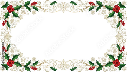 A festive holiday frame with holly and snowflakes on a white background