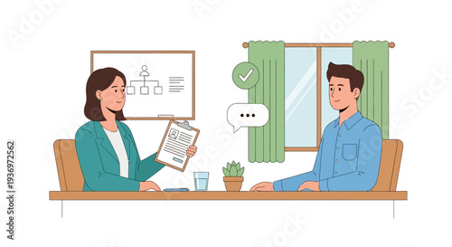 Professional vector illustration depicting a successful job interview or performance review session between two colleagues