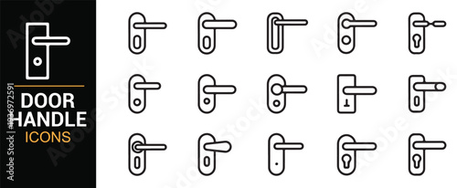 Door hardware fixtures and entrance handles vector line icons