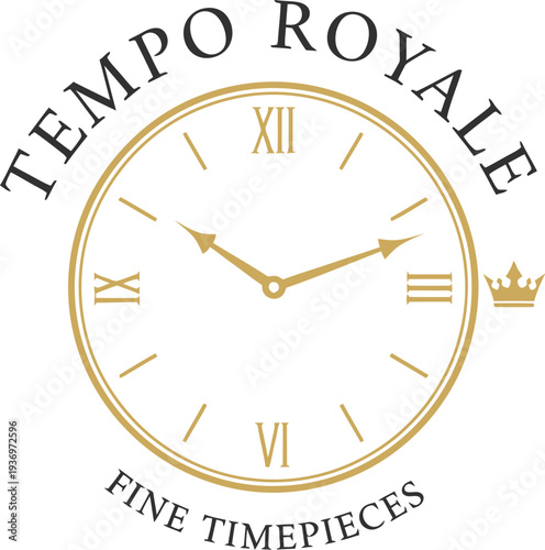 A luxurious watch logo with a crown and Roman numerals on a white background