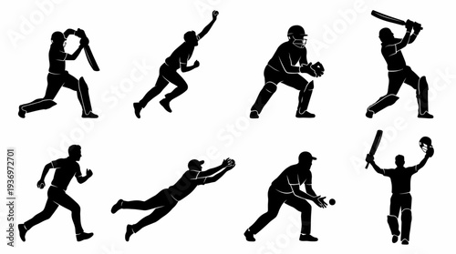 Dynamic Cricket Players Vector Silhouettes Collection | Batting Bowling Fielding Wicketkeeping Catching Celebrating Sports Icons | Black Action Poses Vector Art for Cricket Design