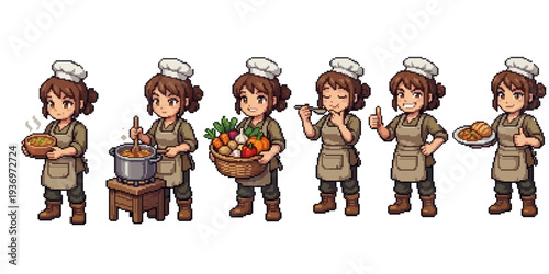 pixel art cozy farm chef bachelorette cooking delicious meal from freshly harvested ingredients