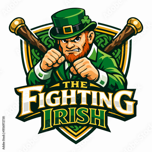 Bold The Fighting Irish logo with determined leprechaun fighter raising fists, representing power, courage, heritage, and spirit of strength rooted in Ireland’s fearless legacy