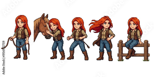 pixel art confident ranch horse rider bachelorette posing proudly in sunny countryside