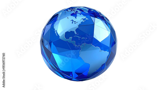 A rendered, faceted blue globe isolated against a black background, with continents visible