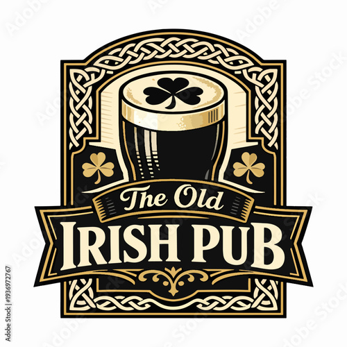 Classic The Old Irish Pub logo featuring frothy stout in ornate frame, symbolizing heritage, friendliness, music, and the warm atmosphere of Ireland’s legendary pub gatherings