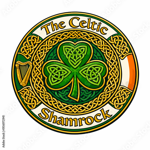 Elegant The Celtic Shamrock emblem with intricate gold knotwork and green clover, symbolizing faith, unity, eternity, and the enduring spirit of ancient Irish artistry and culture