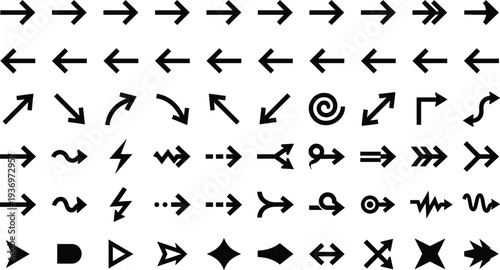 Arrow symbol icon collection featuring various directional arrows, navigation pointers, curved and zigzag indicators for interface design,