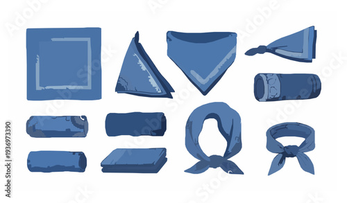 Minimal Blue Bandanas and Headscarves Fashion Wear Vector SetHand Drawn Blue Bandanas and Headscarves Fabric Accessory Vector Set