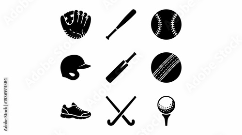 Cricket Icons Vector Set | Wicket Bats Helmet Ball Jersey Cap Gloves Championship Logo | Black and White Sports Equipment Vector Art for Cricket Design Collection