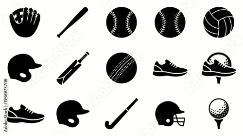 Cricket Icons Vector Set | Wicket Bats Helmet Ball Jersey Cap Gloves Championship Logo | Black and White Sports Equipment Vector Art for Cricket Design Collection