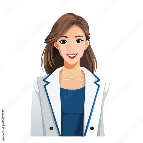 Woman with brown hair in white coat smiles at camera