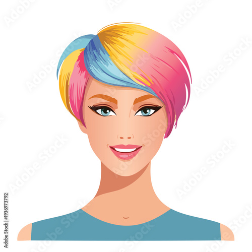 Woman with colorful hair smiling in a studio setting