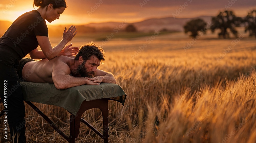 Fototapeta premium Woman massage therapist giving back treatment to man lying on massage table in wheat field at sunset. Relaxing spa procedure in nature. Holistic body care, wellness and health concept.