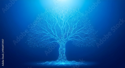 Glowing blue tree with branches and roots on dark background with light shining down