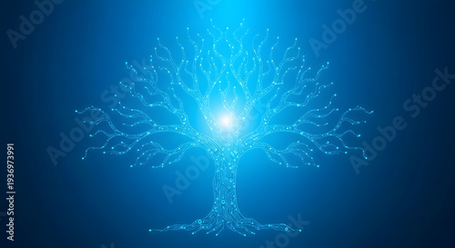 Glowing blue tree with bright light and particles on dark background
