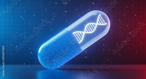 Glowing blue capsule with dna double helix on colored background with particles