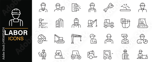 Industrial workforce and skilled worker line icon set