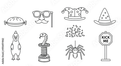 Collection of black and white outline icons representing various funny novelty gag and prank toys for celebrations