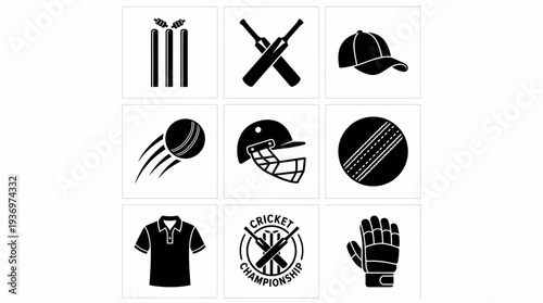 Cricket Icons Vector Set | Wicket Bats Helmet Ball Jersey Cap Gloves Championship Logo | Black and White Sports Equipment Vector Art for Cricket Design Collection