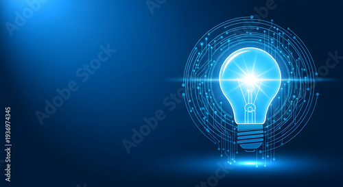 Glowing blue light bulb with circuit board design on dark background