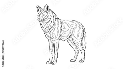 Coyote in Monochrome: A detailed monochrome line art illustration of a coyote, capturing the animal's alert stance, fur details, and focused gaze.
