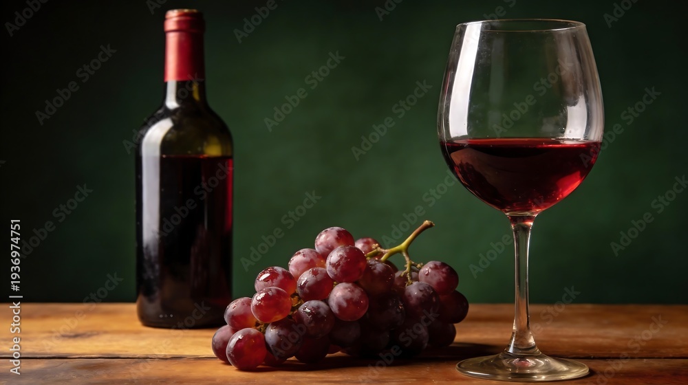 Obraz premium Wine Bottle, Glass and Red Grapes on Wooden Table