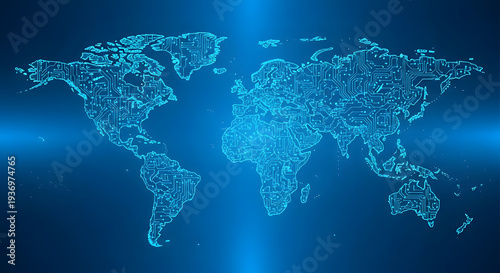 A glowing blue digital world map on a dark blue background with connections