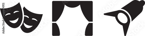 Theater icons drama masks stage curtain and spotlight isolated on transparent background