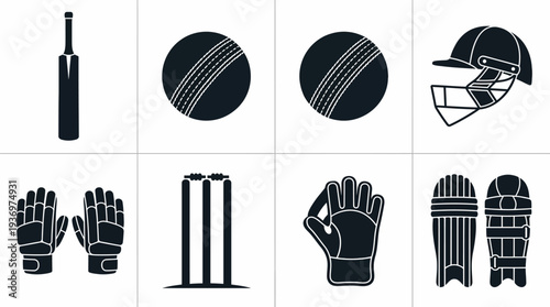 Cricket Icons Vector Set | Wicket Bats Helmet Ball Jersey Cap Gloves Championship Logo | Black and White Sports Equipment Vector Art for Cricket Design Collection