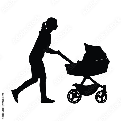 Silhouette of a woman pushing a baby stroller with care