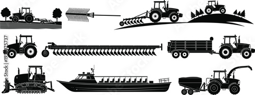Agricultural machinery silhouettes set with tractors, plow, trailer, harvester and cargo boat for farming, cultivation and rural transport operations