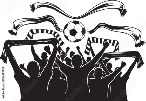 Soccer Fans Cheering with Scarves Silhouette, Football Supporters Crowd Celebration Vector Illustration