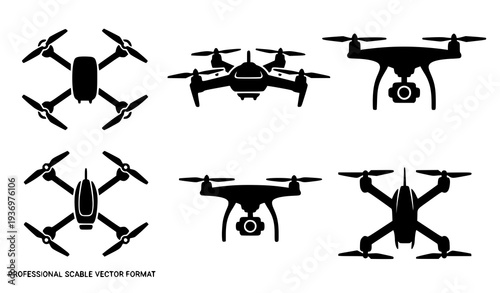 Minimal Drone Silhouette Collection Black Quadcopter Aircraft Vector Icons