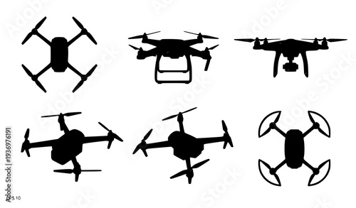 Black Drone Silhouette Set Quadcopter UAV Vector Collection Isolated on White
