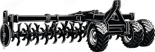 Agricultural rotary tiller cultivator machine silhouette with wheels for soil preparation, farming cultivation equipment for modern agriculture