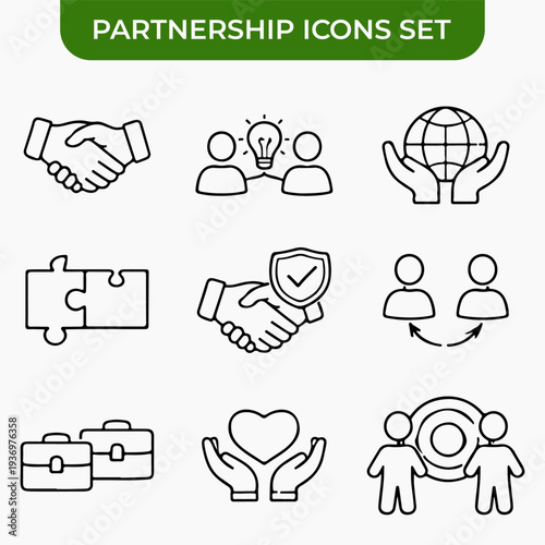 Partnership Icons Set: An assortment of line art icons representing collaboration, agreement, and shared goals, including handshakes, puzzle pieces, and a globe held in hands.