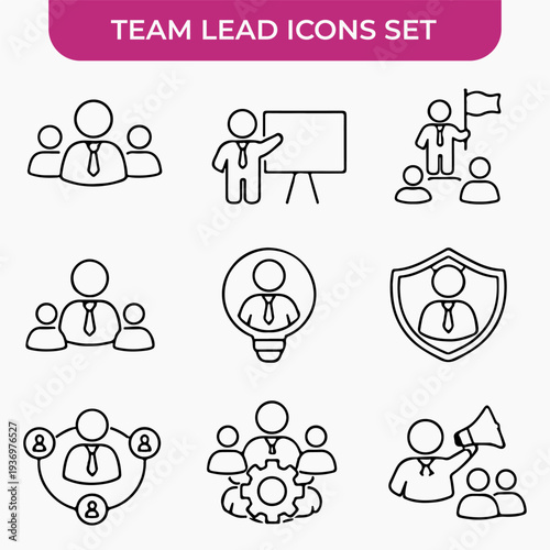 Team Lead Icons Set: A collection of concise line-art icons that embody leadership, team, vision, and guidance.