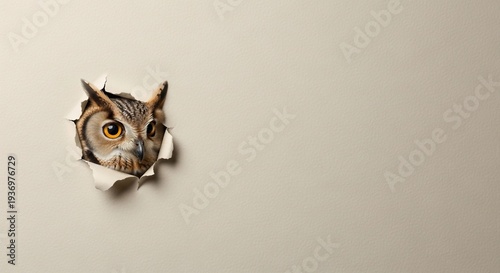 Curious Owl Peeking Through Torn Paper Hole.