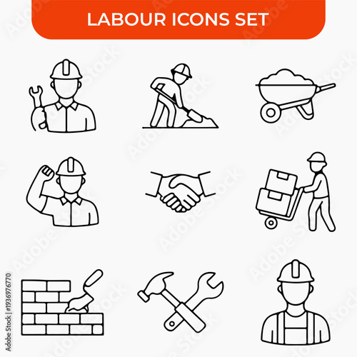 Labor Icons Set: A comprehensive collection of meticulously crafted icons, each representing various facets of labor and construction work, including builder with hardhat, worker with shovel.