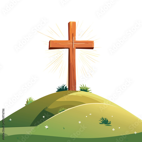 Wooden cross on green hilltop with sunlight
