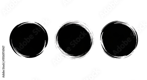 Three abstract black brush stroke circles with a distinct whisked texture. Versatile grunge elements for graphic design and artistic creative projects