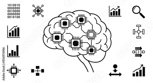 Conceptual illustration of artificial intelligence and machine learning, depicting a human brain integrated with computer chips and surrounded by data analysis icons.