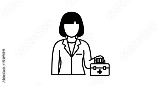 Line art illustration of a female medical professional or doctor holding a first aid kit, representing healthcare and emergency services.