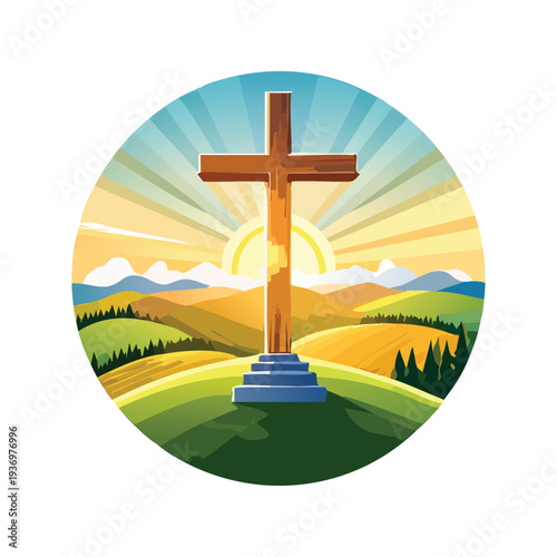 Wooden cross over rolling hills with rising sun