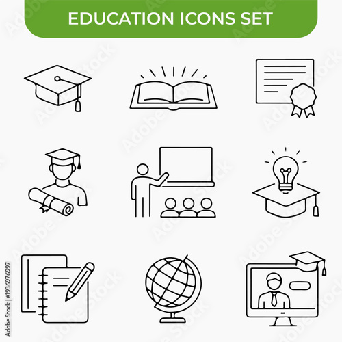 Education Icon Set: A comprehensive collection of meticulously crafted line icons representing various aspects of education, perfect for educational resources, websites, and presentations.