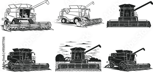 Combine harvester agricultural machine silhouettes collection, modern farming equipment for grain harvesting and crop processing in rural agriculture